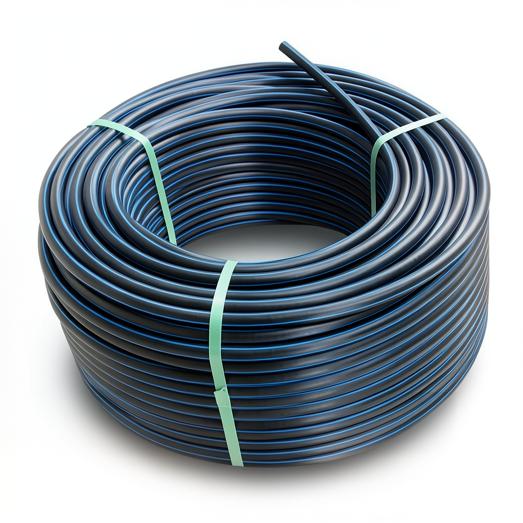 HDPE Plastic Coil Pipe PN 16 Bar PE 100 75 mm SDR 11 Black with Blue Stripes