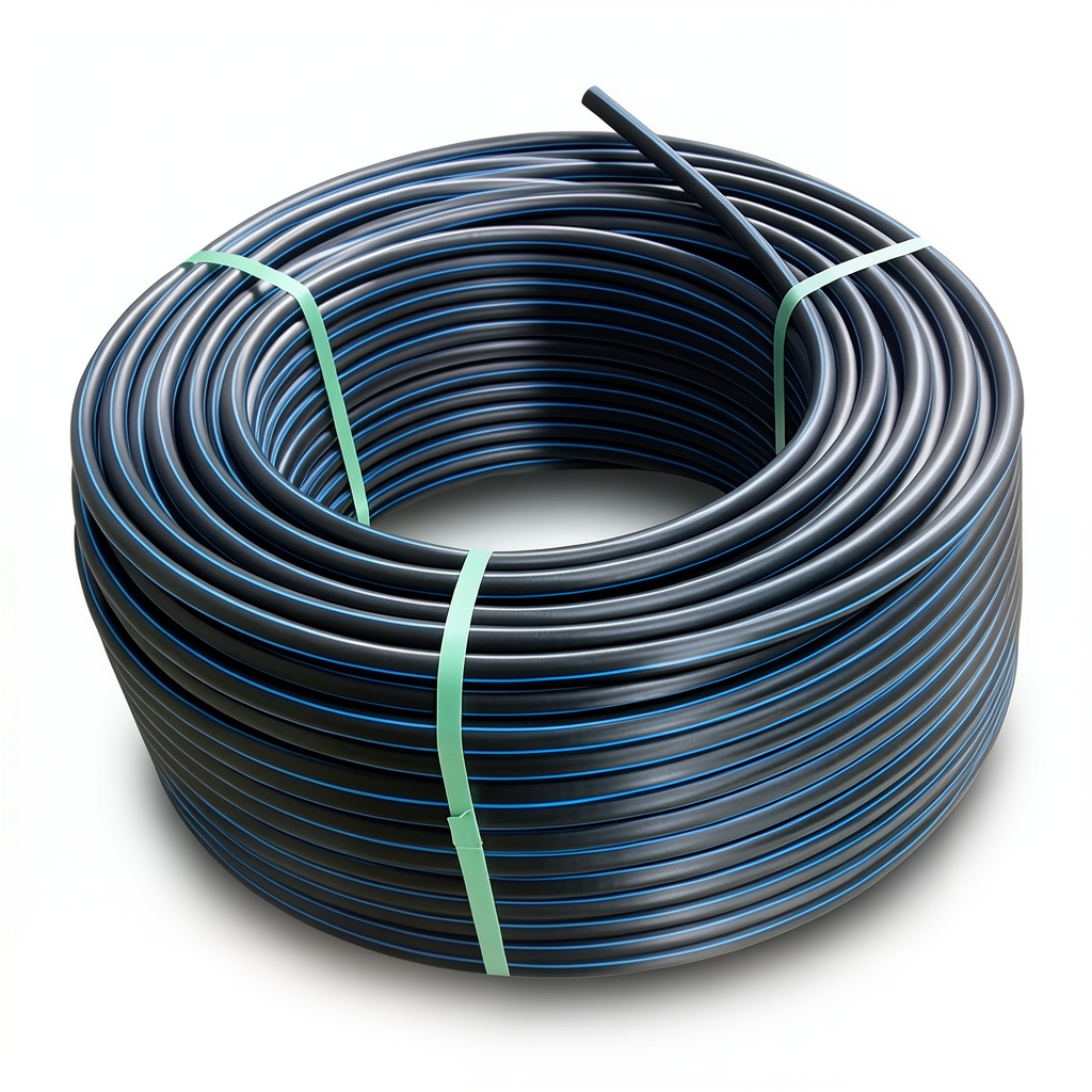 HDPE Plastic Coil Pipe Nominal Pressure 16 Bar PE 100 Outside Diameter 90 mm SDR 11 Black with Blue Stripes