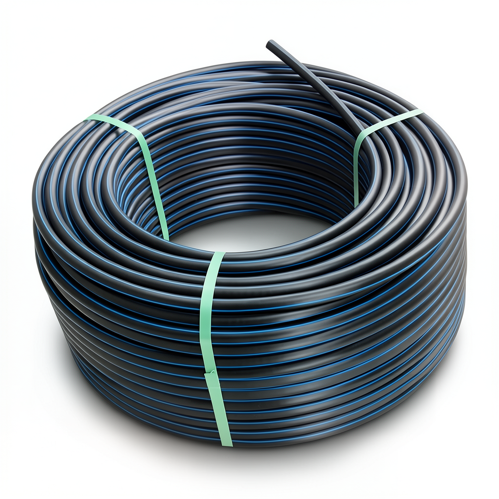 لفة أنابيب بلاستيك HDPE ضغط 16 بار PE 100، قطر خارجي 110 مم SDR 11 لون أسود مع خط أزرق
