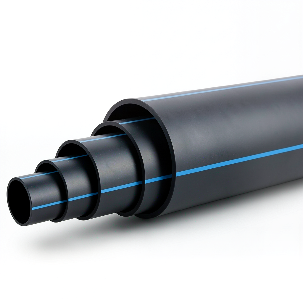 HDPE Plastic Pipe PN 16 Bar PE 100 Outside Diameter 560 mm SDR 11 Black with Blue Stripes
