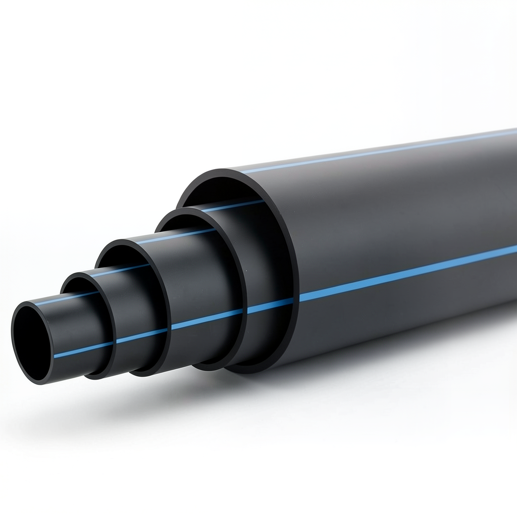 مواسير HDPE ضغط 16 بار PE 100 قطر خارجي 630 مم SDR 11 أسود مع خطوط زرقاء