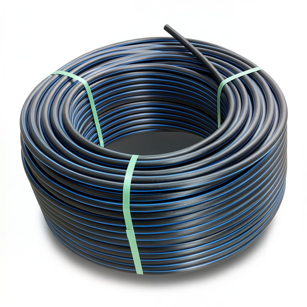 لفة أنابيب HDPE ضغط 16 بار PE 80 قطر خارجي 125 مم SDR 9 أسود مع خط أزرق