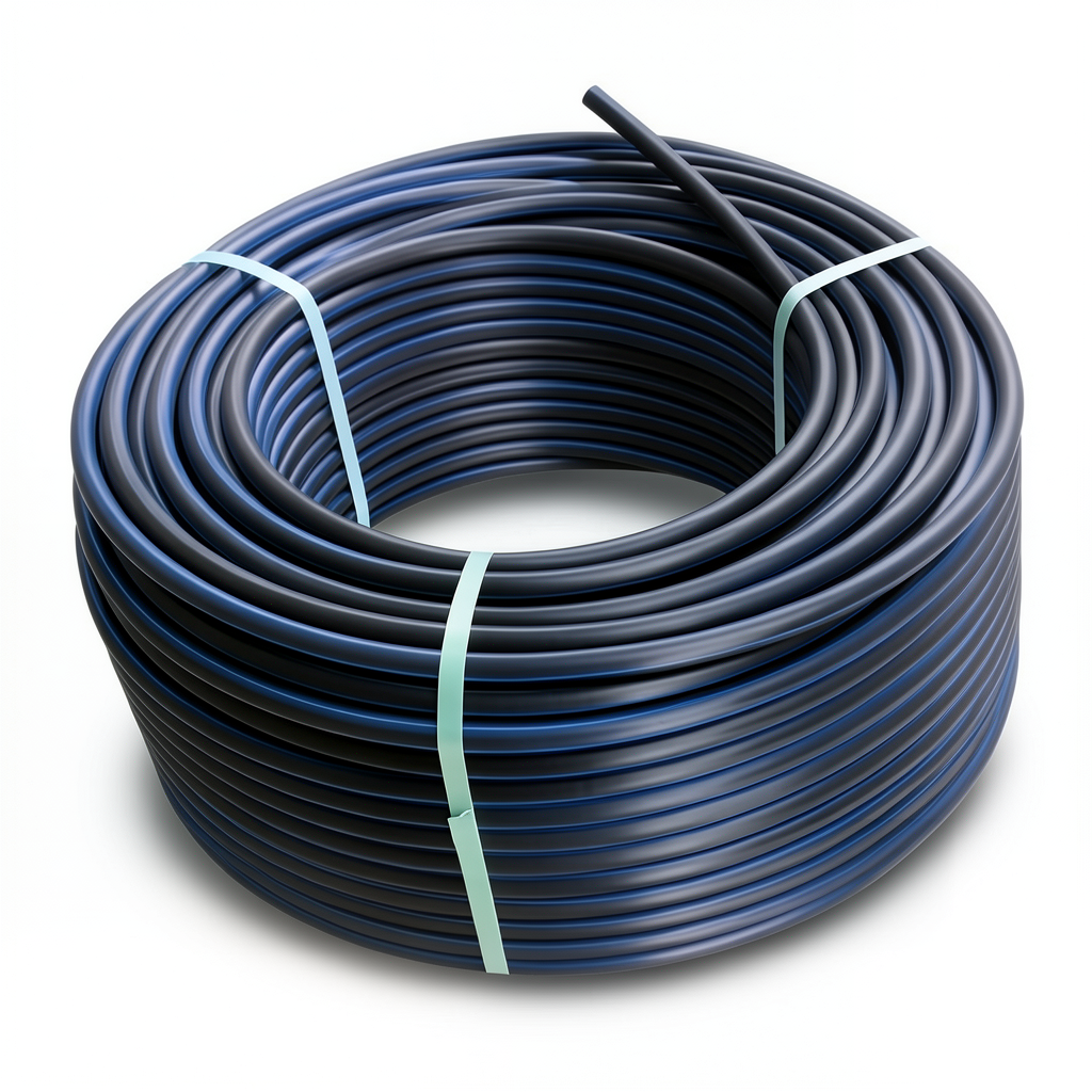 لفة أنابيب بلاستيك HDPE ضغط اسمي 16 بار PE80، قطر خارجي 140 مم SDR 9 أسود مع خطوط زرقاء