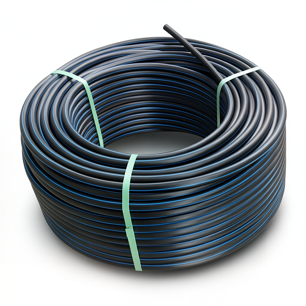 HDPE Plastic Coil Pipe PN 16 Bar PE 80, 160 mm Diameter SDR 9 Black with Blue Stripes