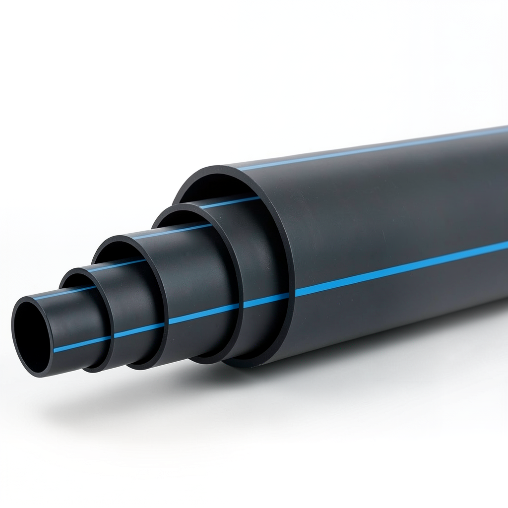 HDPE Polyethylene Pipe PN 4 Bar PE 80, 315 mm Diameter SDR 41 Black with Blue Stripes