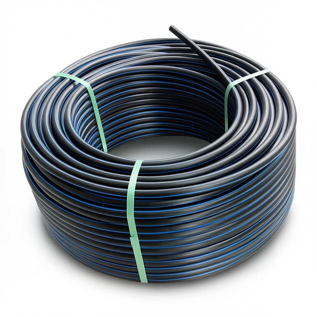 لفة أنابيب HDPE ضغط 16 بار PE 100 قطر خارجي 20 مم SDR 11 لون أسود مع خط أزرق