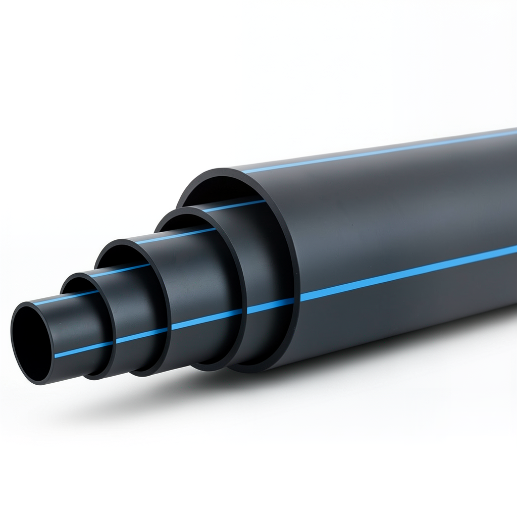HDPE Polyethylene Pipe PN 4 Bar PE 80, 400 mm Diameter SDR 41 Black with Blue Stripes