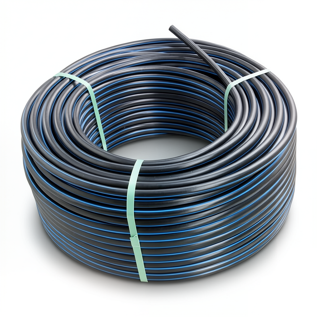 لفة أنابيب بلاستيك HDPE ضغط 16 بار PE 100، قطر خارجي 40 مم SDR 11، أسود مع خطوط زرقاء