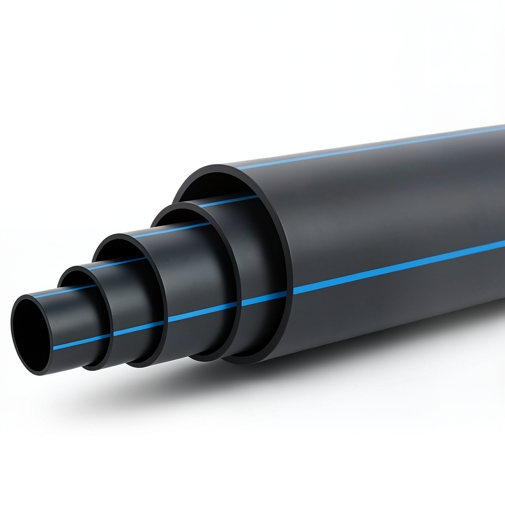 HDPE Polyethylene Pipe PN 4 Bar PE 80 OD 200 mm SDR 33 Black with Blue Stripes
