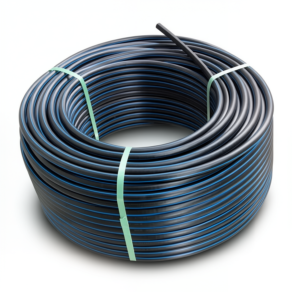 لفة أنابيب HDPE ضغط 16 بار PE 100 قطر خارجي 140 مم SDR 11 أسود مع خط أزرق