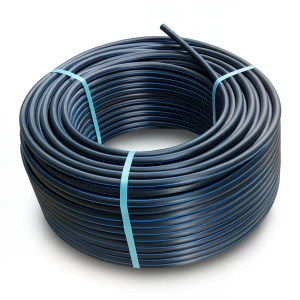 لفة أنابيب HDPE ضغط اسمي 20 بار PE 100 قطر خارجي 16 مم SDR 9 لون أسود مع خطوط زرقاء