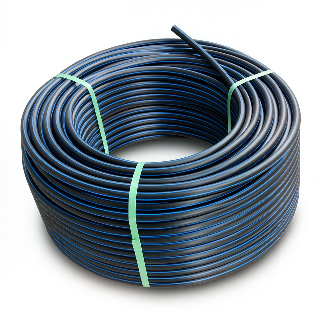 HDPE Plastic Coil Pipe PN 20 Bar PE 100 OD 32 mm SDR 9 Black with Blue Stripes