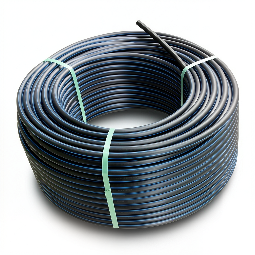 لفة أنابيب بلاستيك HDPE ضغط 20 بار PE 100 قطر خارجي 50 مم SDR 9 أسود مع خط أزرق