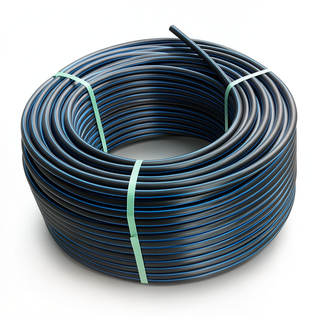 لفة أنابيب HDPE ضغط 10 بار PE 100 قطر خارجي 32 مم SDR 17 لون أسود مع خط أزرق