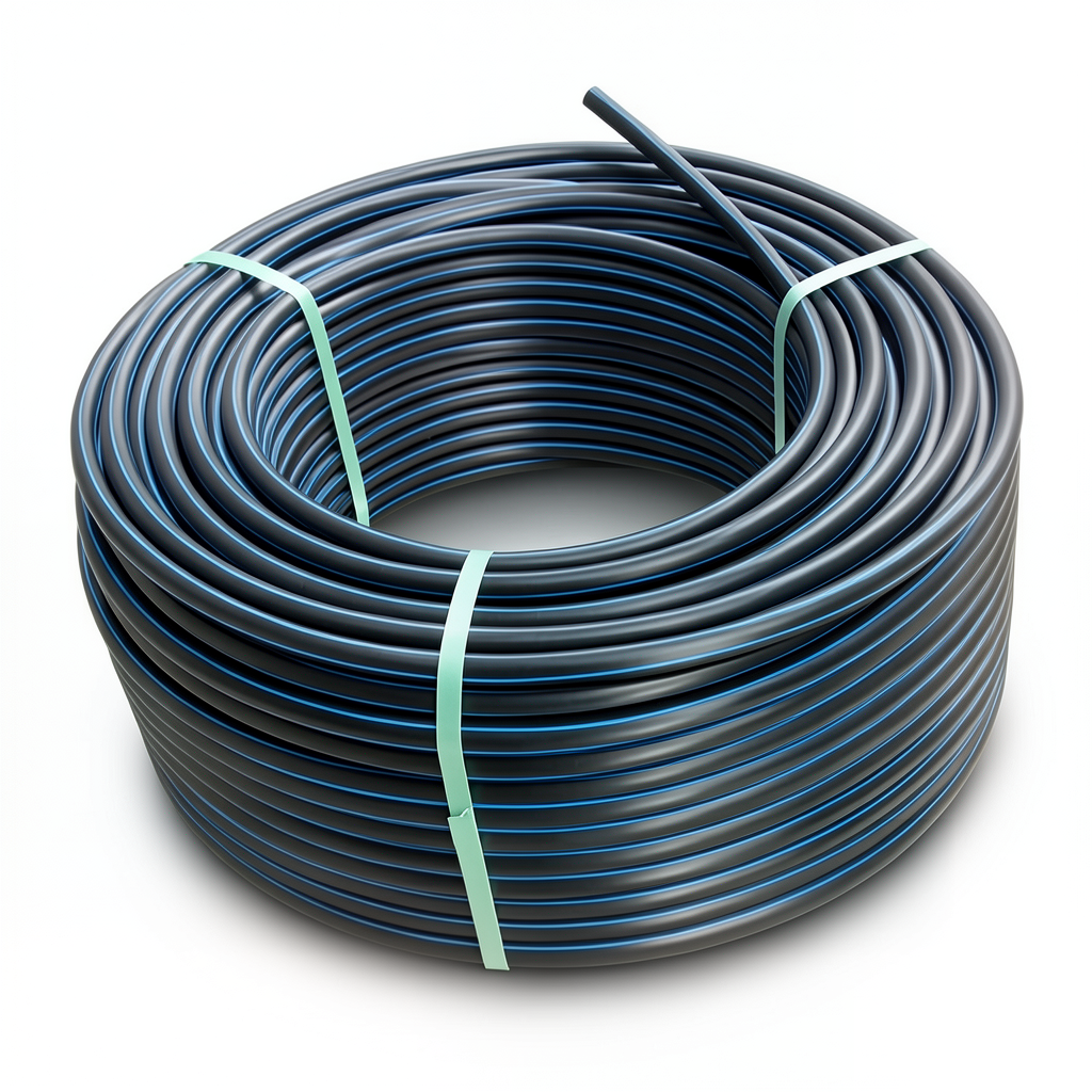 HDPE Polyethylene Plastic Coil Pipe 10 Bar Pressure PE 100 Outer Diameter 63 mm SDR 17 Black with Blue Stripes