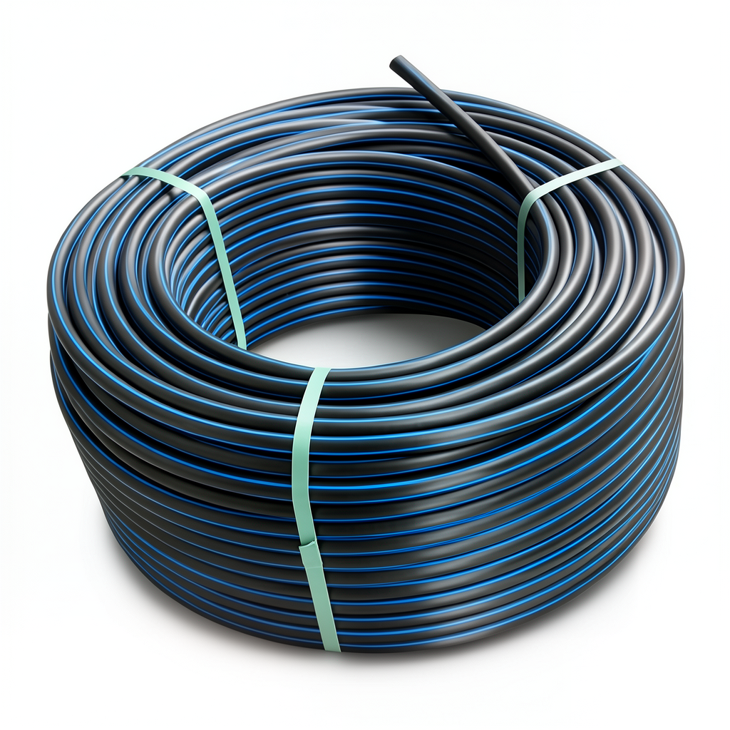 لفة أنابيب HDPE ضغط 10 بار PE 100 قطر خارجي 75 مم SDR 17 أسود مع خط أزرق