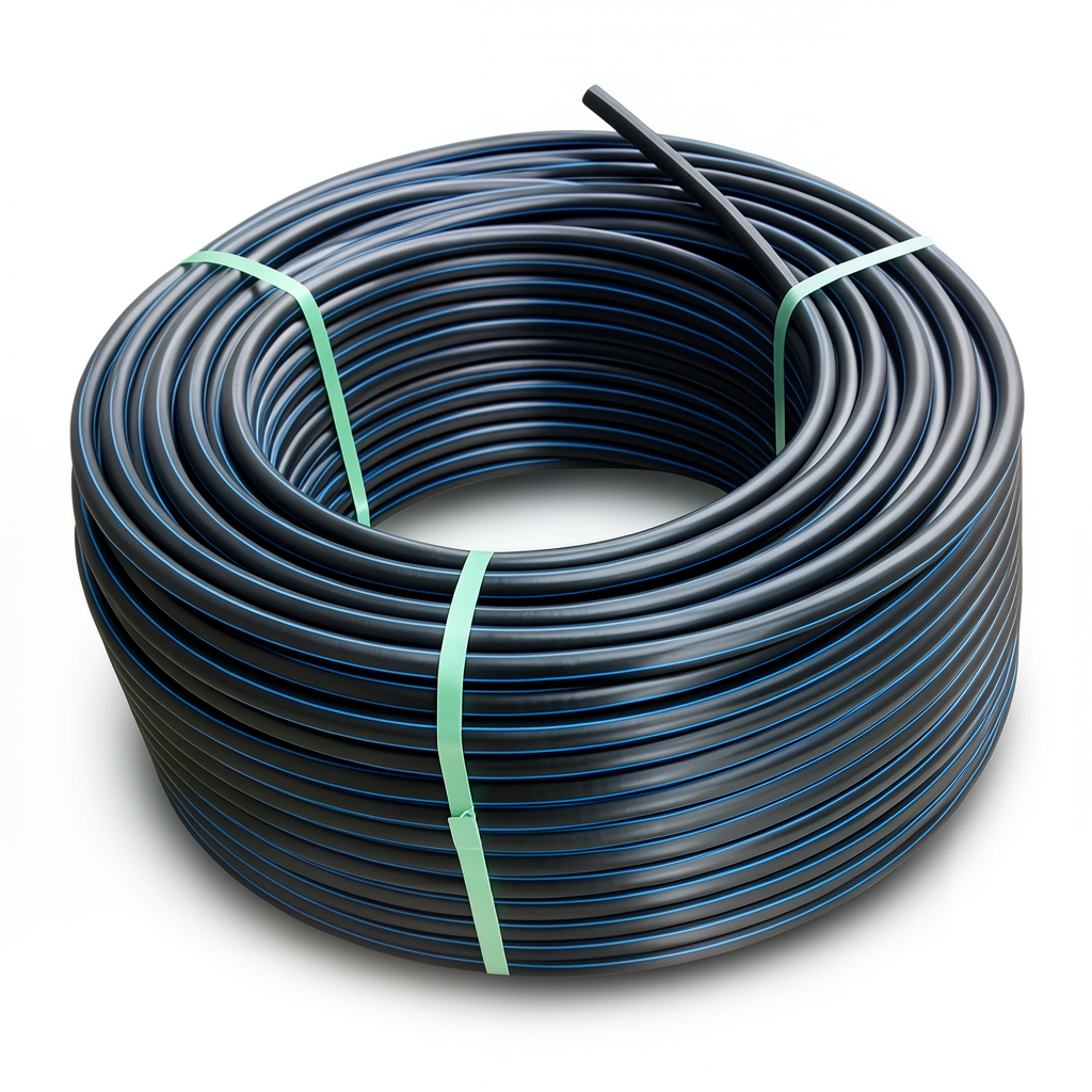 لفة أنابيب بلاستيك HDPE ضغط 10 بار PE 100 قطر خارجي 110 مم SDR 17 لون أسود مع خط أزرق