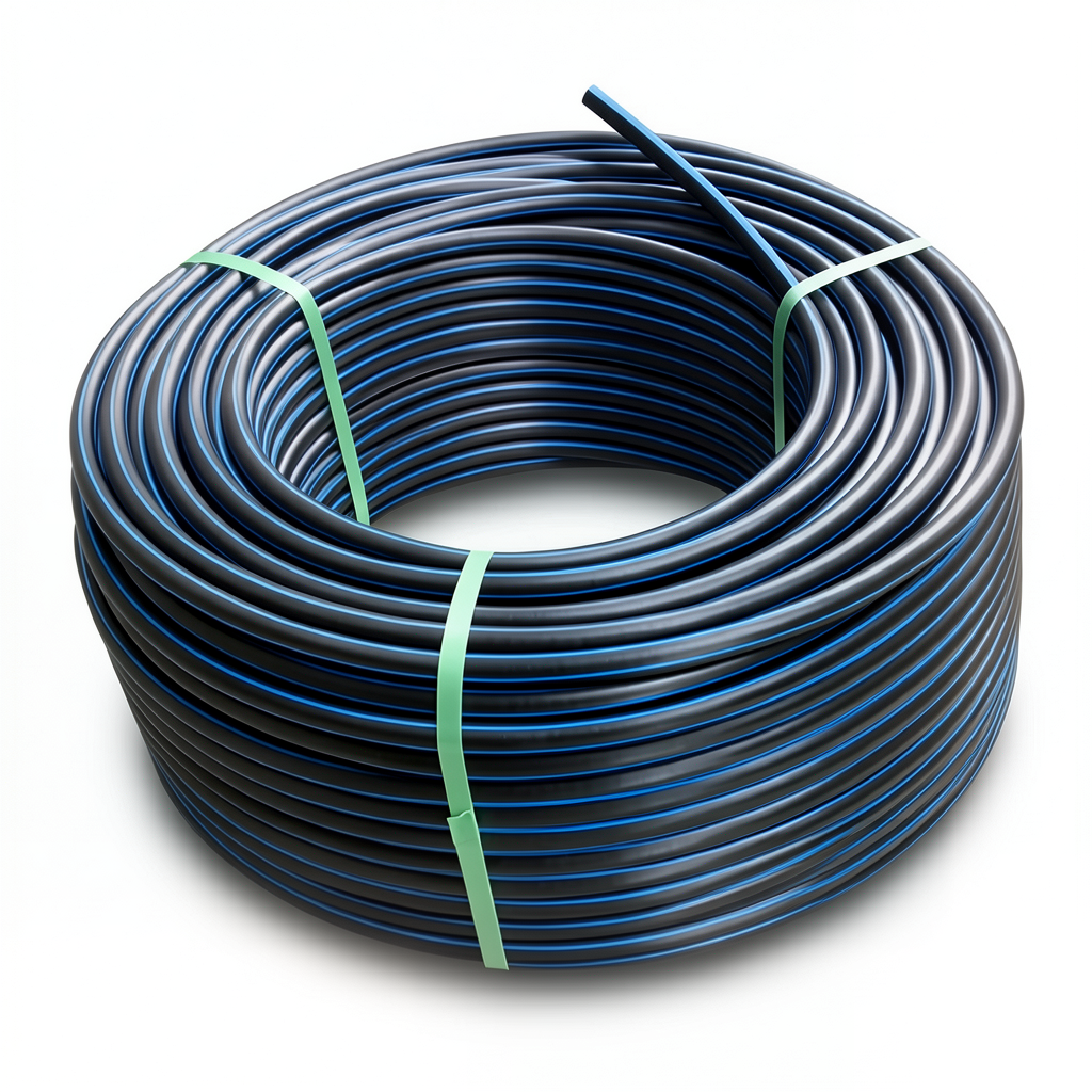 لفة أنابيب HDPE ضغط 16 بار PE 100 قطر خارجي 63 مم SDR 11 أسود مع خطوط زرقاء