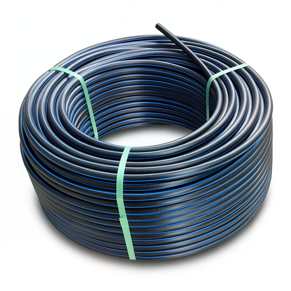 HDPE Plastic Coil Pipe PN 16 Bar PE 100 75 mm SDR 11 Black with Blue Stripes