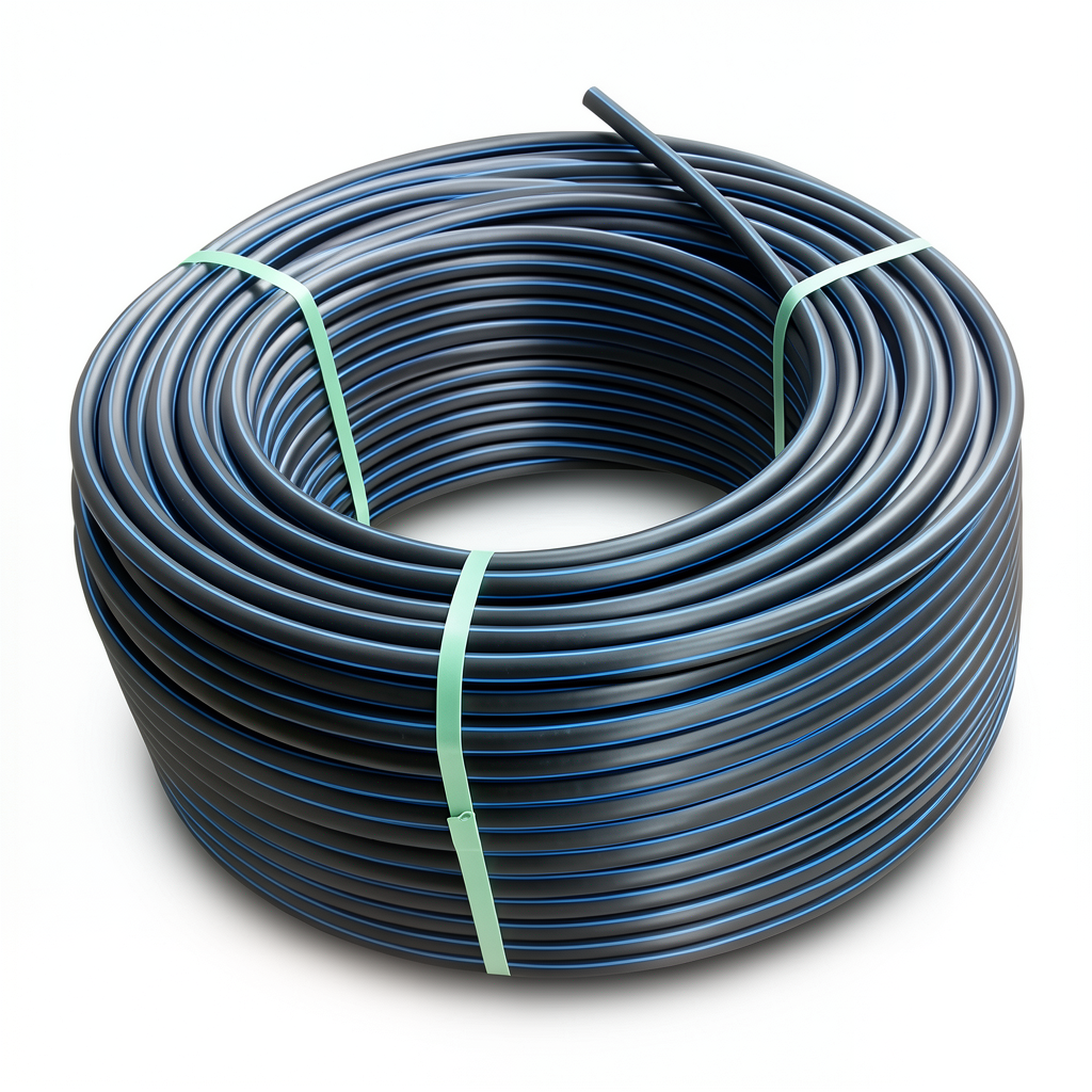 لفة أنابيب بلاستيك HDPE ضغط 16 بار PE 100، قطر خارجي 110 مم SDR 11 لون أسود مع خط أزرق