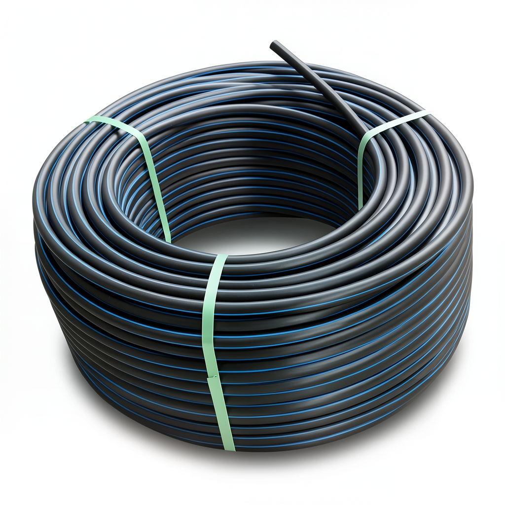 لفة أنابيب HDPE ضغط اسمي 20 بار PE 100 قطر خارجي 20 مم SDR 9 أسود مع خطوط زرقاء