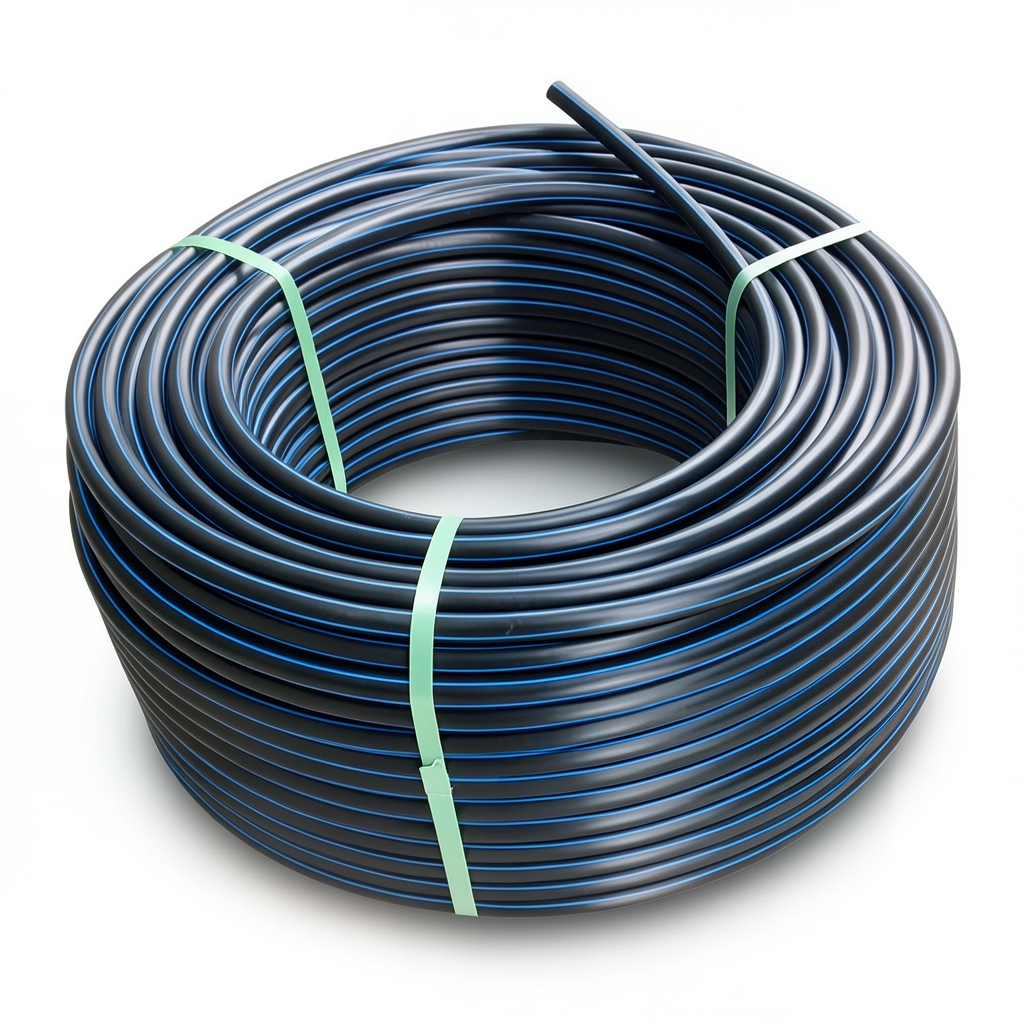 لفة أنابيب بلاستيك HDPE ضغط 20 بار PE 100 قطر خارجي 32 مم SDR 9 أسود مع خط أزرق