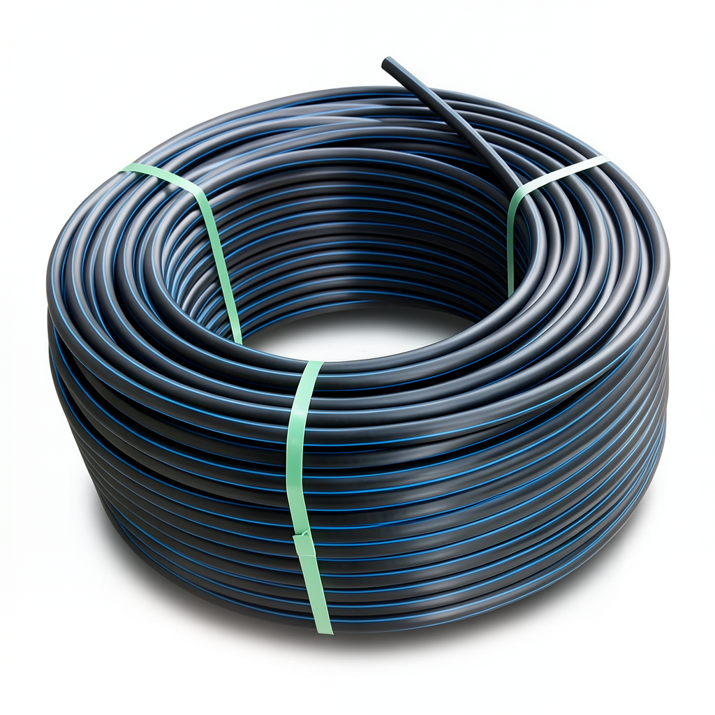HDPE Plastic Coil Pipe PN 20 Bar PE 100, 40 mm Diameter, SDR 9 Black with Blue Stripes