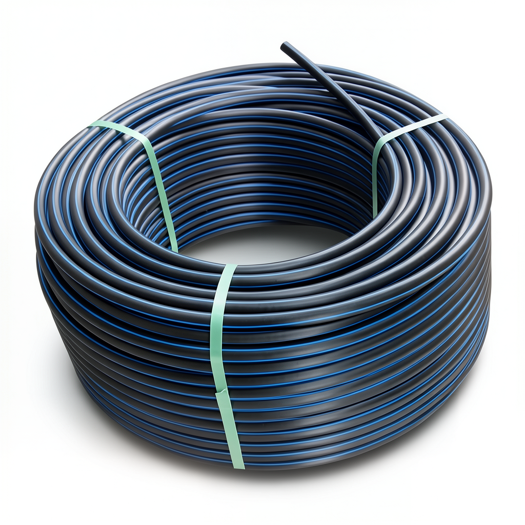 لفة أنابيب بلاستيك HDPE ضغط 20 بار PE 100 قطر خارجي 50 مم SDR 9 أسود مع خط أزرق