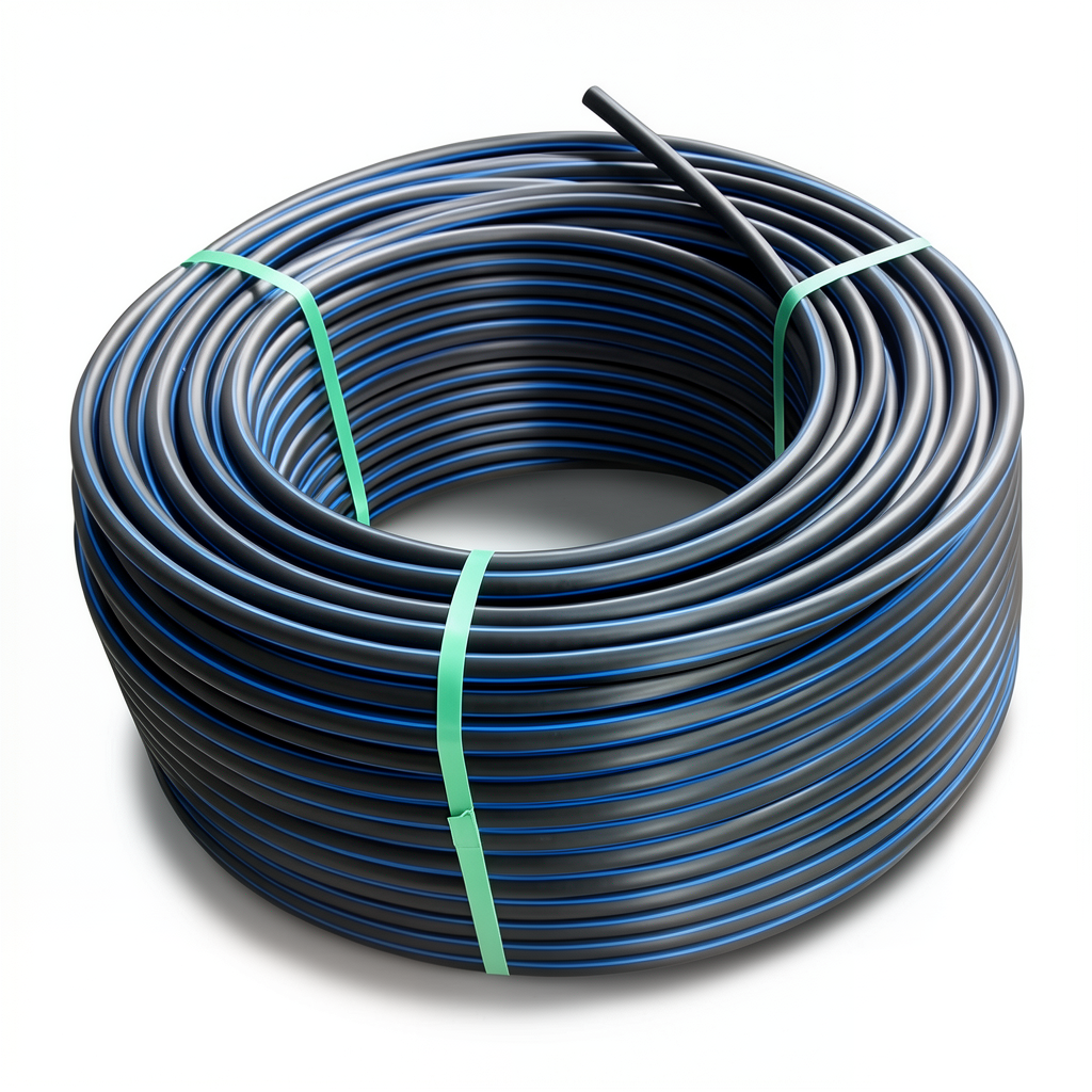لفة أنابيب HDPE ضغط 10 بار PE 100 قطر خارجي 32 مم SDR 17 لون أسود مع خط أزرق