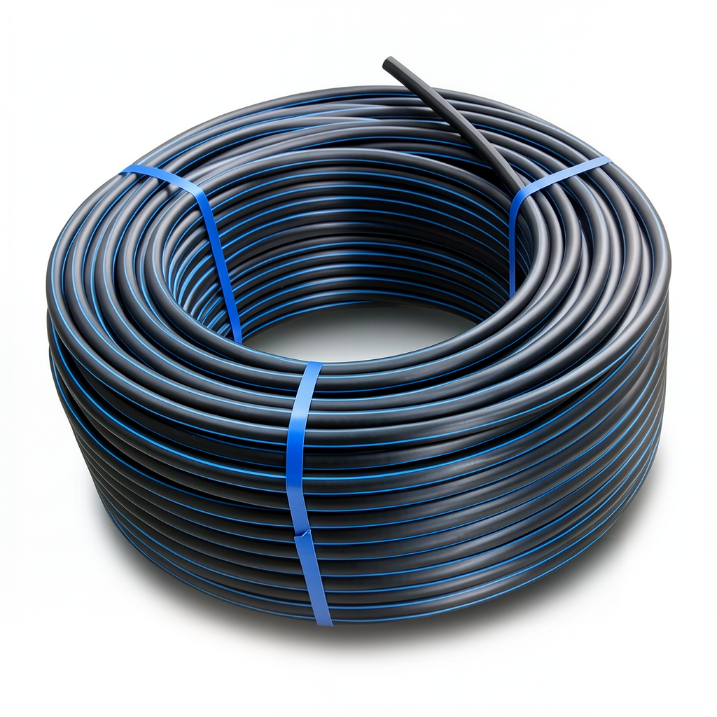 لفة أنابيب بلاستيك HDPE ضغط 10 بار PE 100، قطر خارجي 50 مم، SDR 17، أسود مع خط أزرق