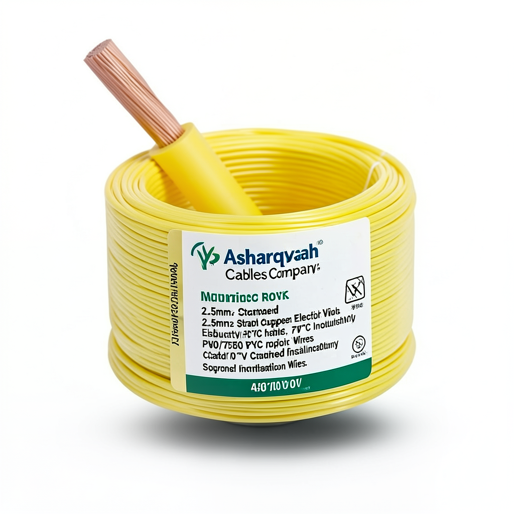 سلك كهرباء نحاس مجدول 2.5 مم2 450/750 فولت، معزول PVC 70°C، لون اصفر | شركة كابلات الشرقية للصناعة