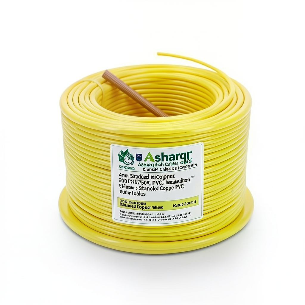 4mm Stranded Copper Electric Wire, 450/750V, PVC 70°C Insulation, Yellow | Asharqiyah Cables Company for Industry
