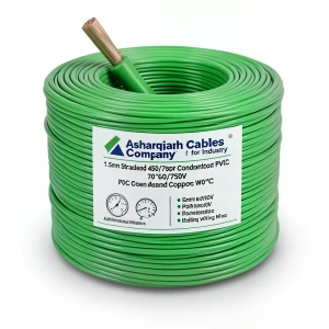 سلك كهرباء مجدول 1.5 مم 450/750 فولت، موصل نحاس عزل PVC 70°C لون اخضر | شركة كابلات الشرقية للصناعة