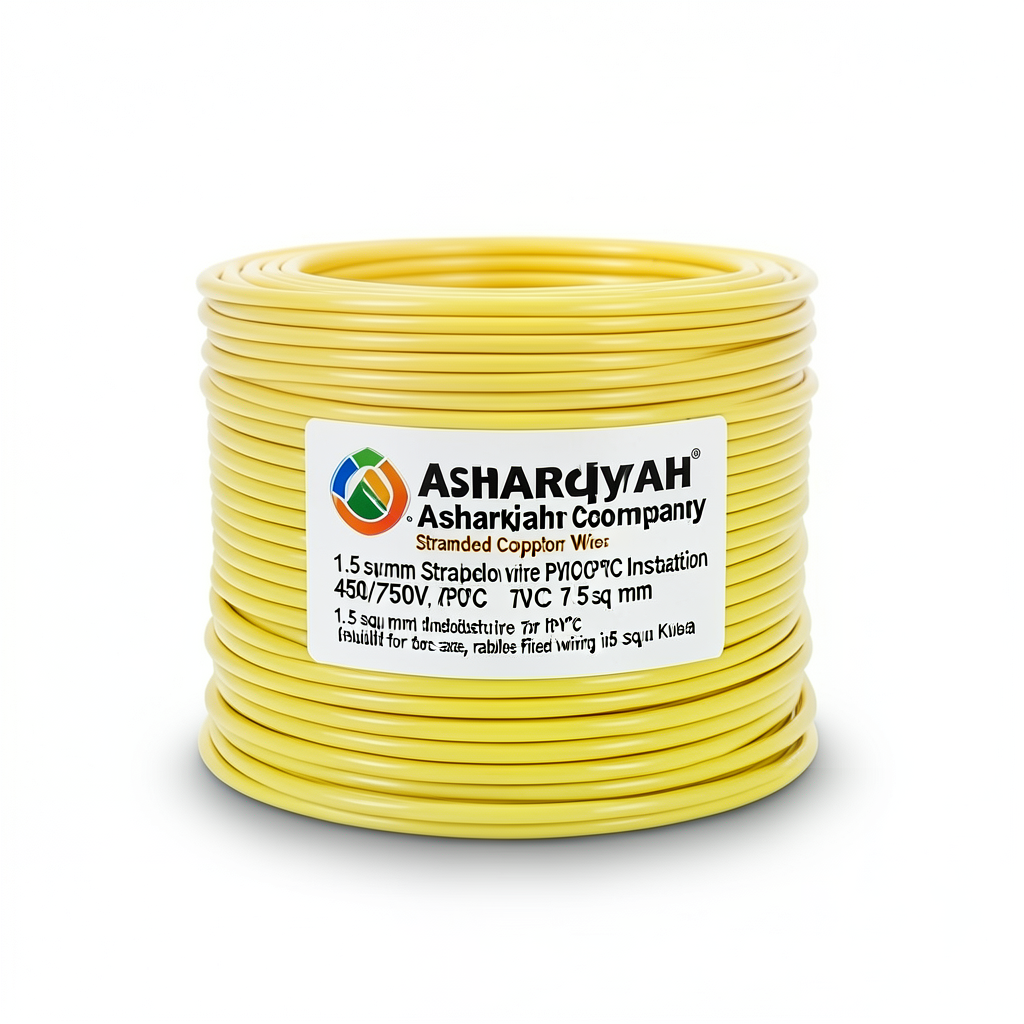 1.5 sq mm Stranded Copper Wire, 450/750V, PVC 70°C Insulation, Yellow | Asharqiyah Cables Company for Industry