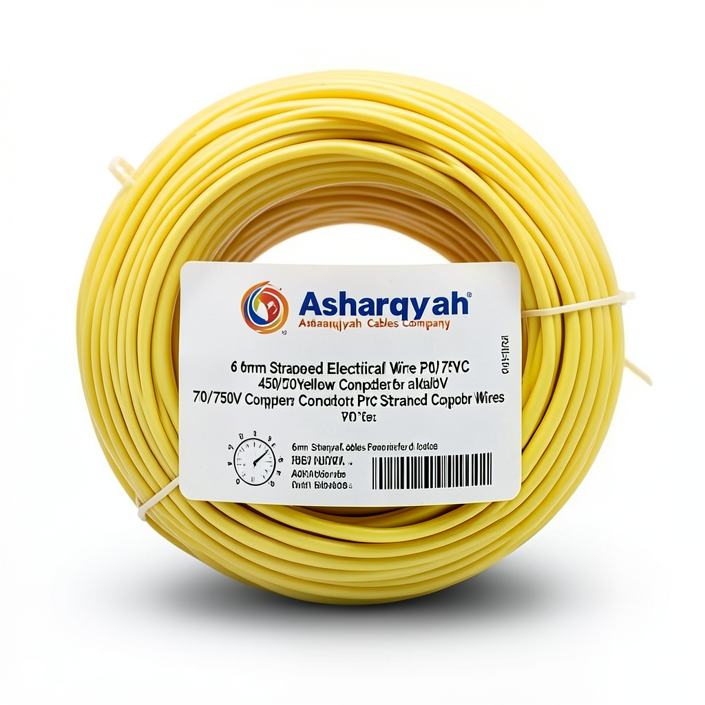 لفة سلك كهرباء نحاس مجدول 6 مم 450/750 فولت، معزول PVC 70°C، لون أصفر | شركة كابلات الشرقية للصناعة