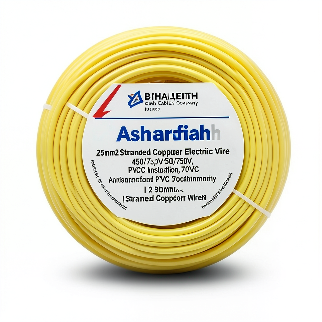 لفة سلك كهرباء نحاس مجدول 25 مم2 450/750 فولت، عزل PVC 70°C، لون أصفر | شركة كابلات الشرقية للصناعة