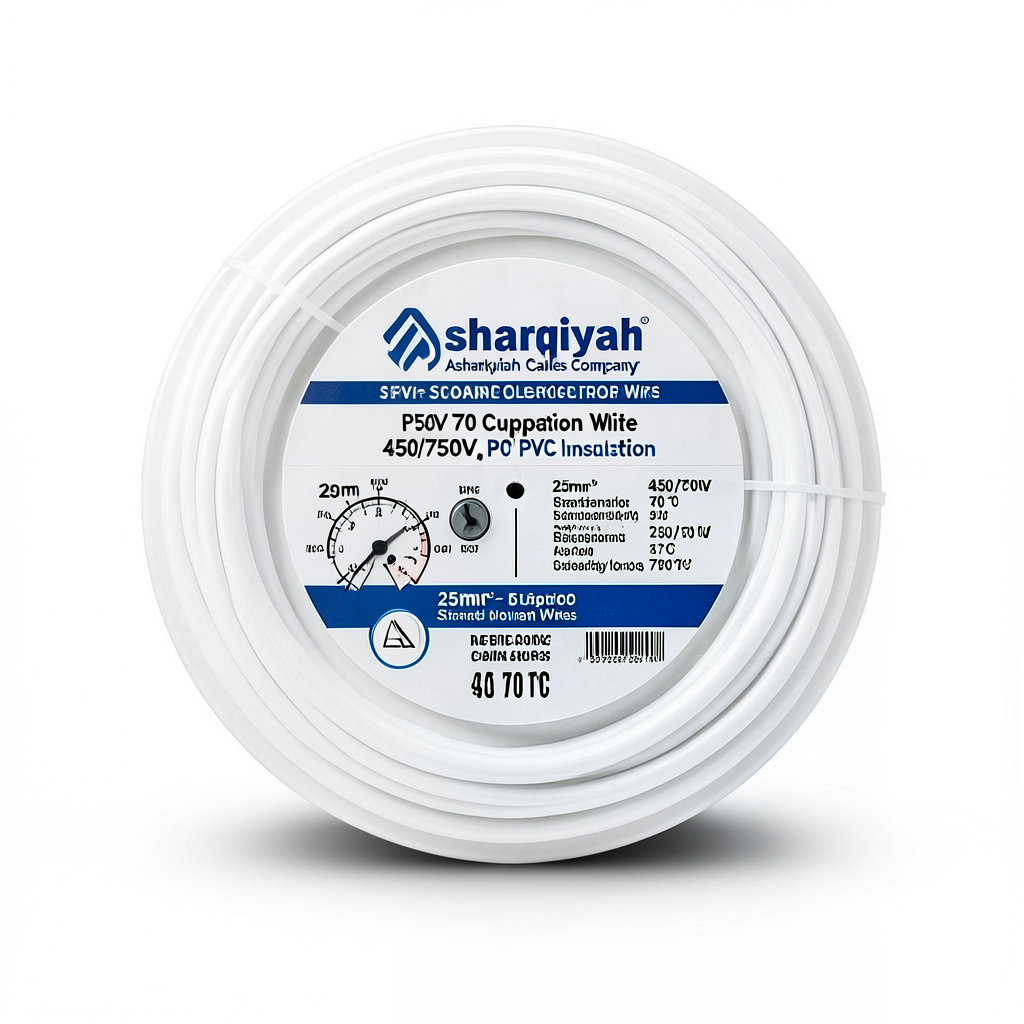 سلك كهرباء نحاس مجدول 25 مم2 450/750 فولت، عزل PVC 70°C، لون أبيض | شركة كابلات الشرقية للصناعة