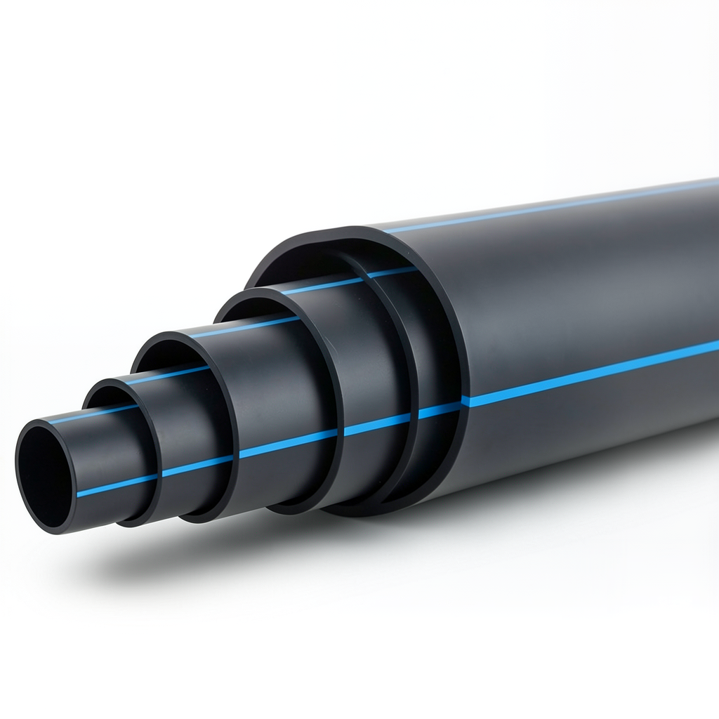مواسير HDPE ضغط 10 بار PE 80 قطر خارجي 200 مم SDR 11 أسود مع خط أزرق