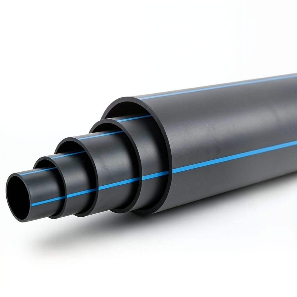 HDPE Polyethylene Pipe 10 Bar PE 80 OD 280 mm SDR 11 Black with Blue Stripes