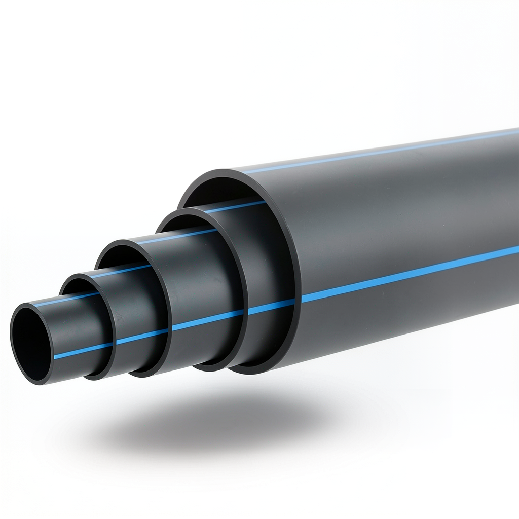 مواسير بلاستيك HDPE ضغط 10 بار PE 80، قطر خارجي 315 مم SDR 11 أسود مع خط أزرق