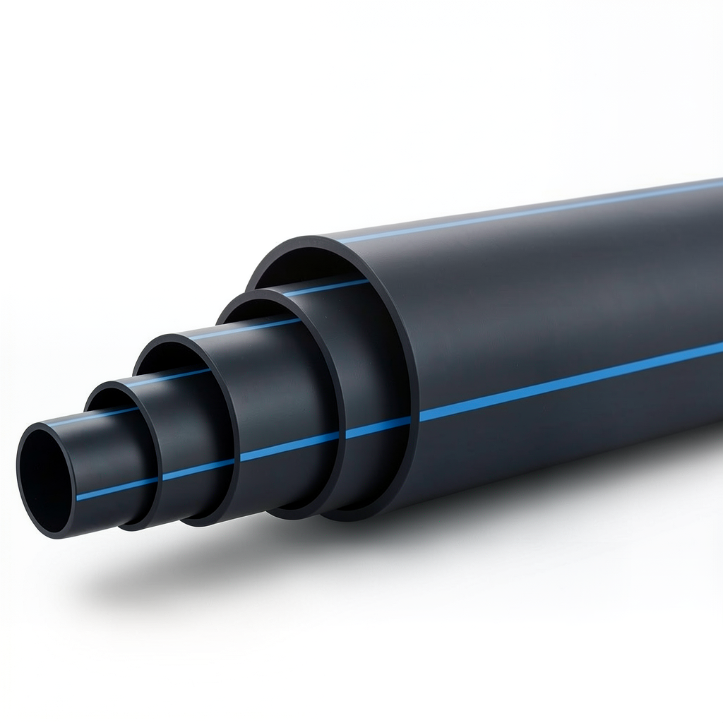 مواسير HDPE ضغط 12.5 بار PE 80 قطر خارجي 250 مم SDR 9 أسود مع خط أزرق