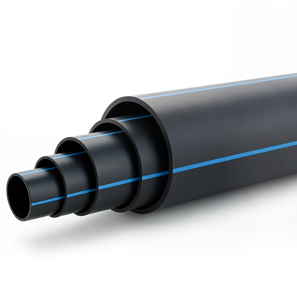 أنابيب HDPE ضغط 3.1 بار PE 80 قطر خارجي 225 مم SDR 33 أسود مع خط أزرق