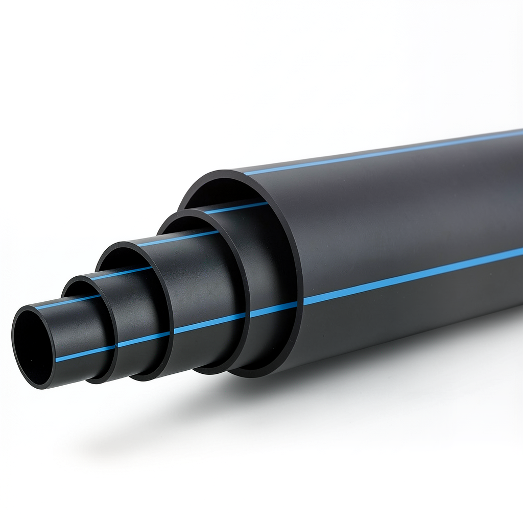 HDPE Plastic Pipe Nominal Pressure 3.1 Bar PE 80 OD 355 mm SDR 33 Black with Blue Stripes