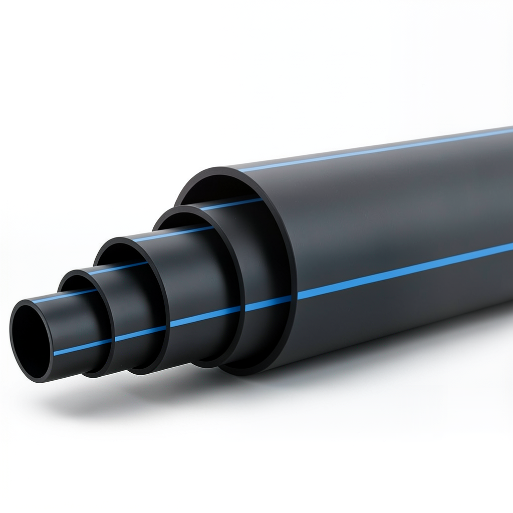 مواسير HDPE ضغط 4 بار PE 80 قطر خارجي 200 مم SDR 26 أسود مع خط أزرق