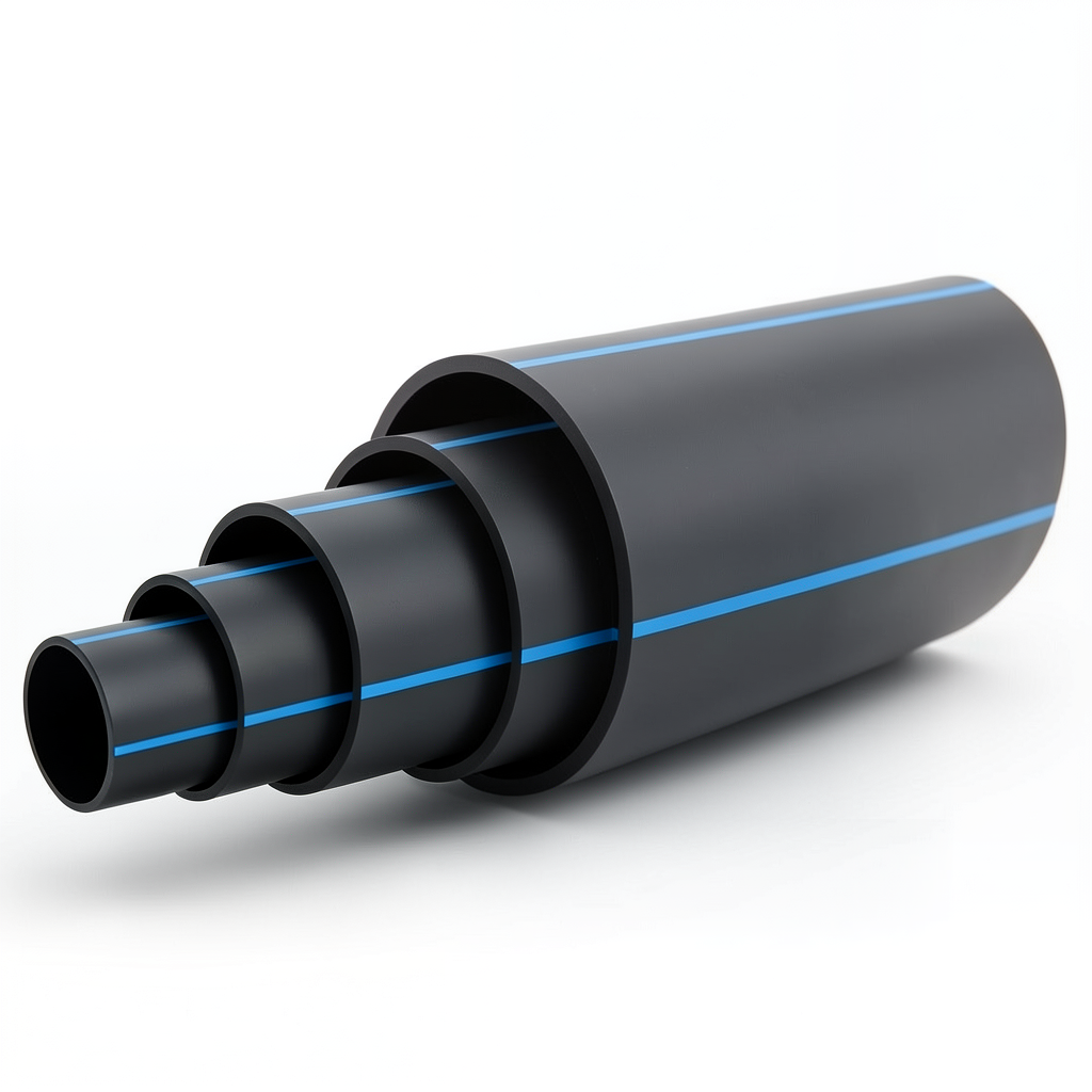 HDPE Polyethylene Pipe PN 4 Bar PE 80 250 mm SDR 26 Black with Blue Stripes