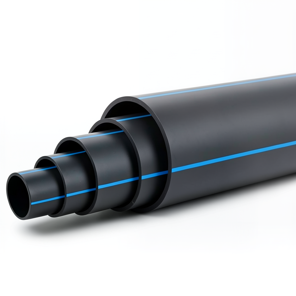 مواسير HDPE ضغط 4 بار PE 80 قطر خارجي 500 مم SDR 26 لون أسود مع خط أزرق