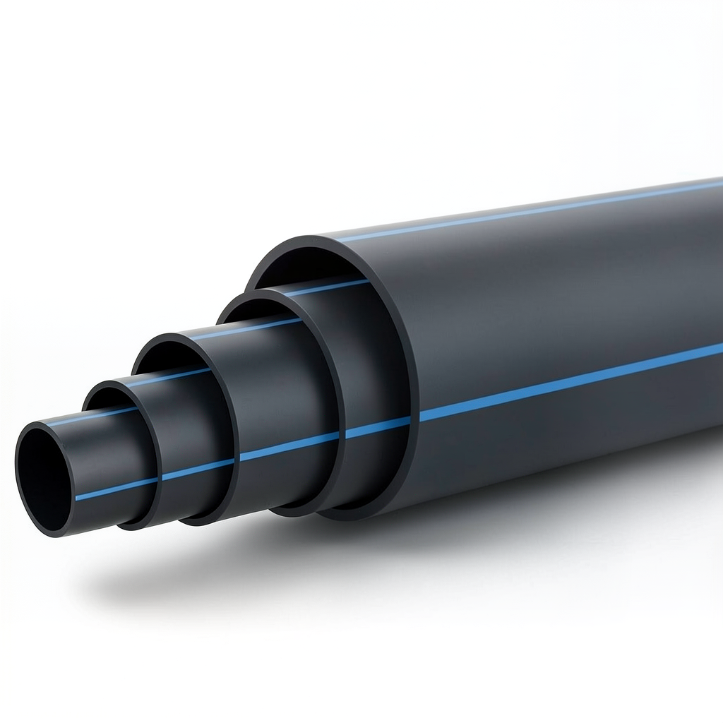 أنابيب HDPE ضغط اسمي 6 بار PE 80 قطر خارجي 225 مم SDR 17.6 أسود مع خطوط زرقاء