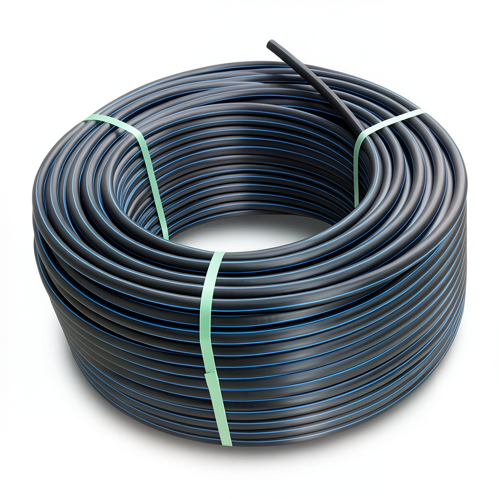 HDPE Plastic Coil Pipe 20 Bar Pressure PE 100, 75 mm OD SDR 9 Black with Blue Stripes