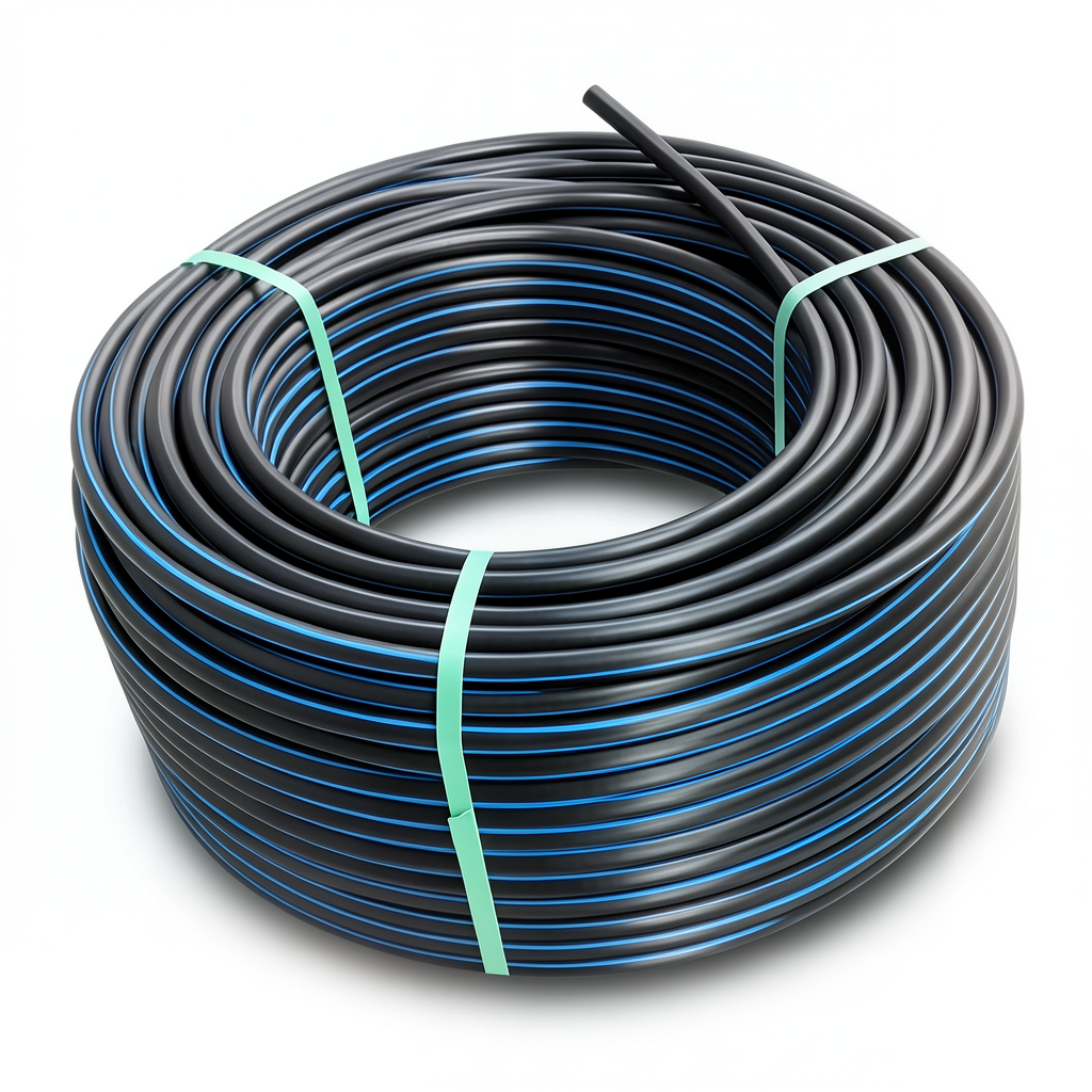 لفة أنابيب بلاستيك HDPE ضغط 20 بار PE 100، قطر خارجي 110 مم SDR 9 أسود مع خطوط زرقاء