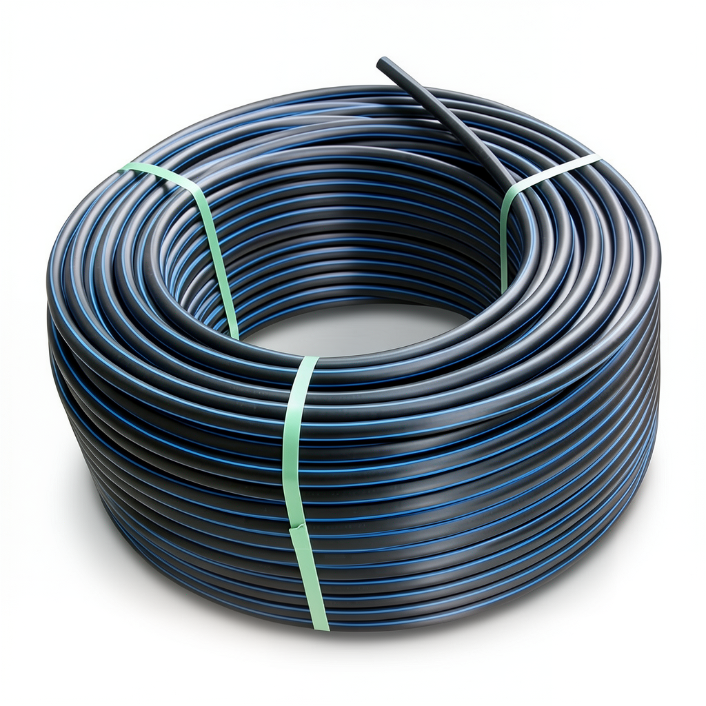 HDPE Plastic Coil Pipe Nominal Pressure 20 Bar PE 100, 160 mm SDR 9 Black with Blue Stripes